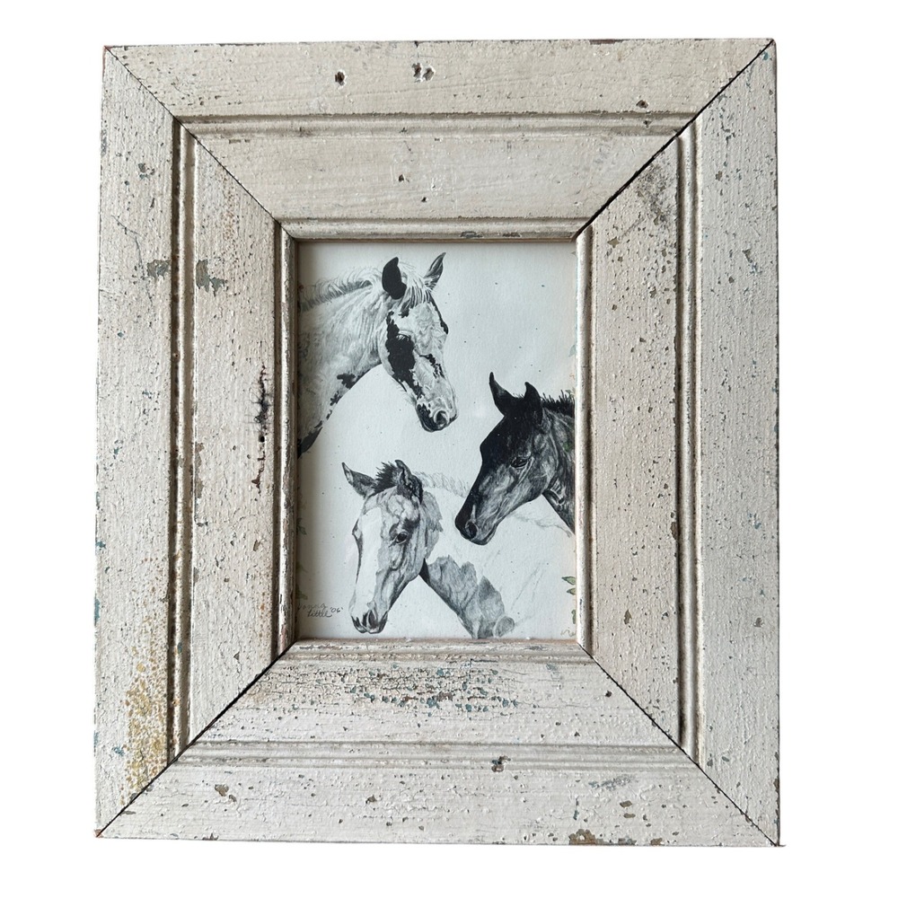 Donna Little Horse Sketch Art Distressed White Wood Frame Western Farmhouse 2006